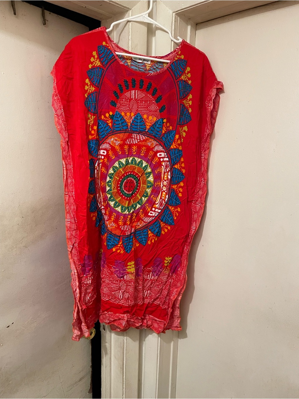 Women’s Red Multicolor Geometric Tunic Blouse Round Neck One Size Pls Read
